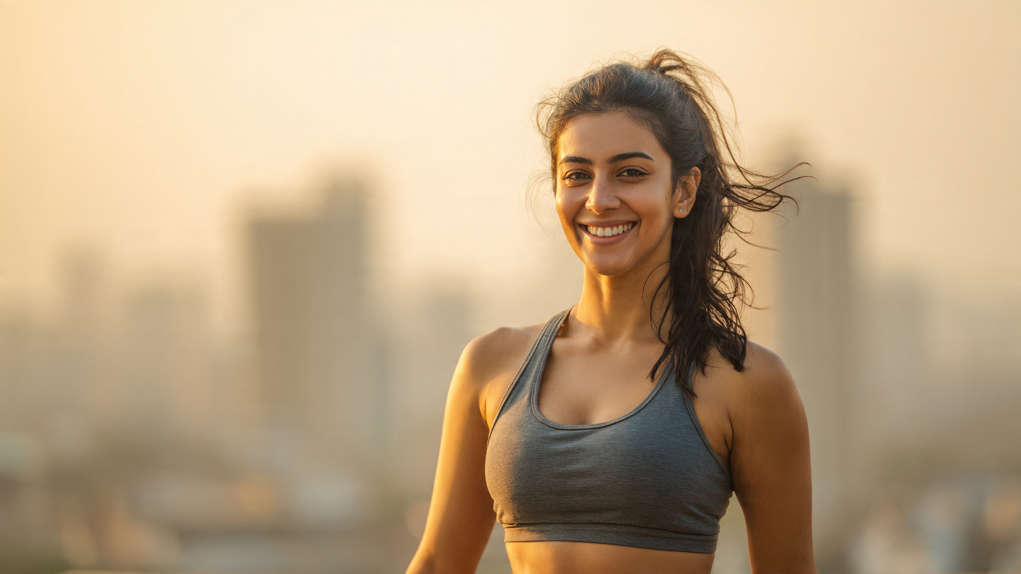 Energetic Indian woman smiling on rooftop — founder of Women Fitness Zone
