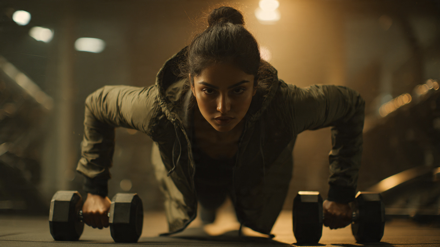 Indian woman doing dumbbell plank rows in olive jacket — power and determination